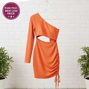NEW Orange One Shoulder Long Sleeve Cutout Bodycon Club Cocktail Mini Dress